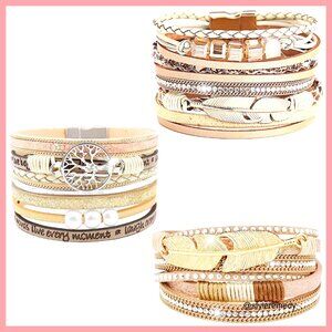 3-Pack Leather Wrap Bracelets with Magnetic Clasp, Crystal Feather Design
